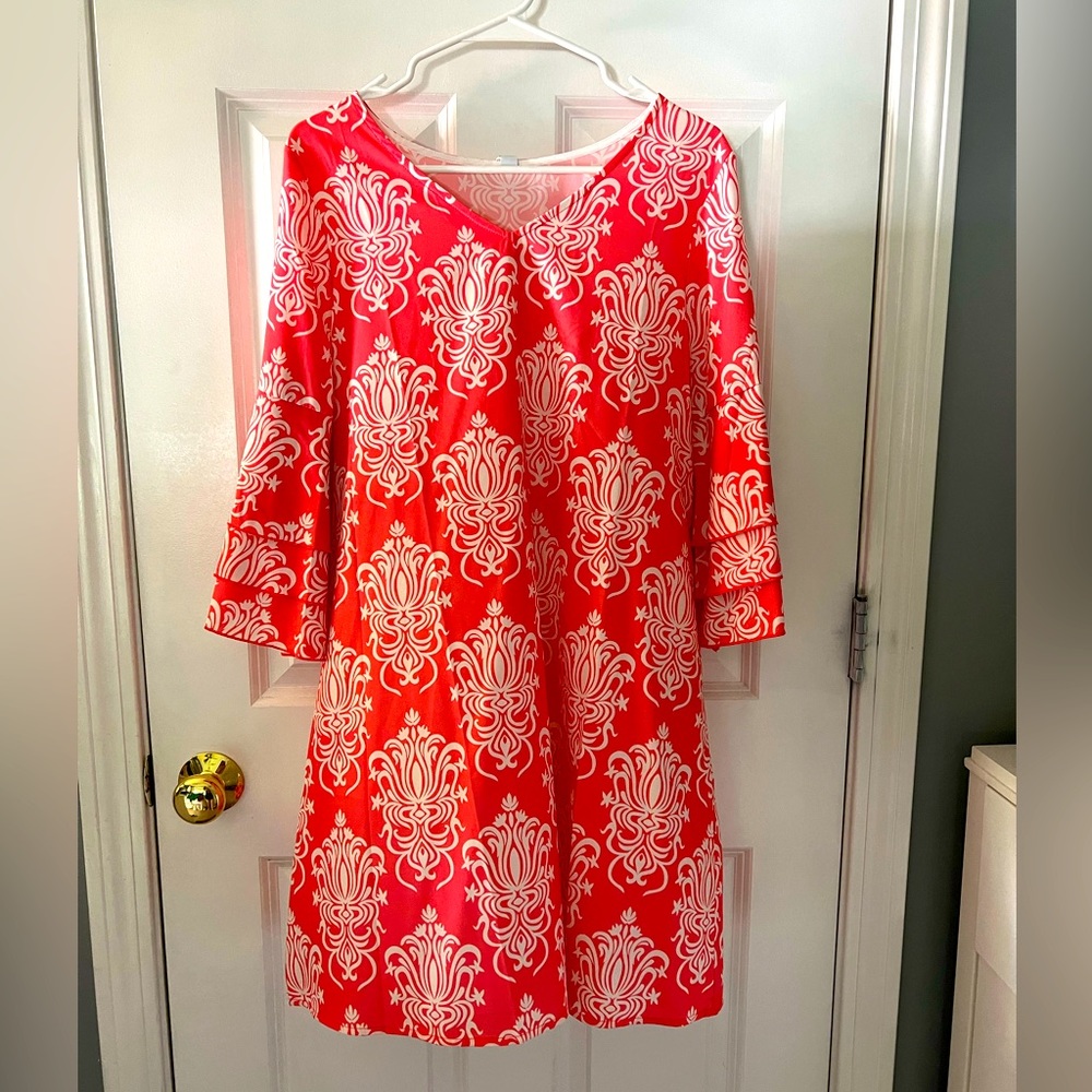Women’s dress, coral and white, size S, bell sleeves
